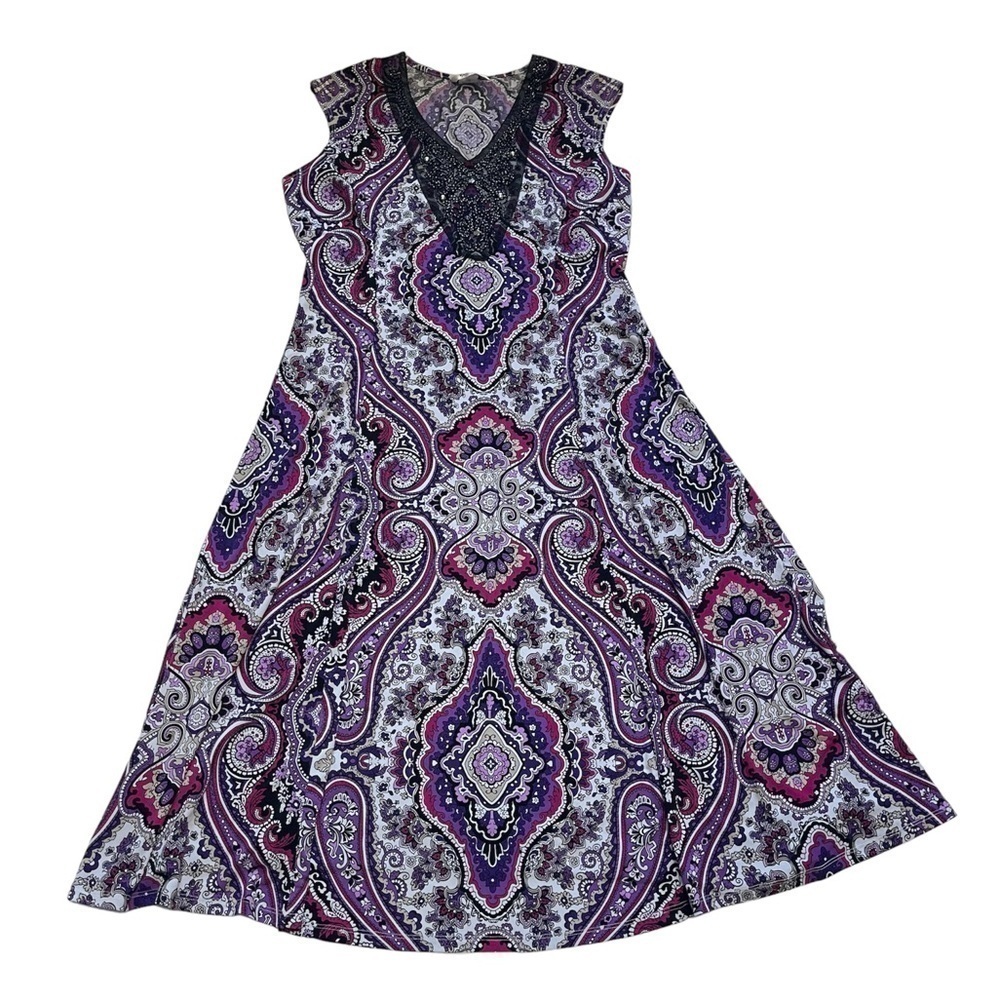 Tanjay Black Purple Geometric Beaded Neckline Maxi Dress US 12P